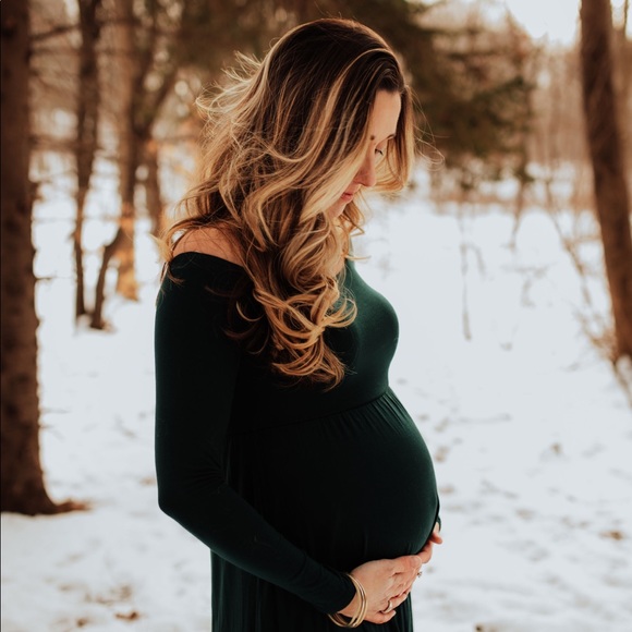 PinkBlush Forest Green Solid Off Shoulder Maternity Maxi Dress (Size Small) - Picture 7 of 7